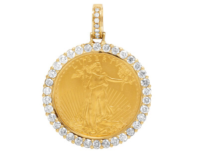 Mens Real Diamond Liberty 22K Coin Pendant 10K Yellow Gold Charm 1/10 1/4 1/2oz