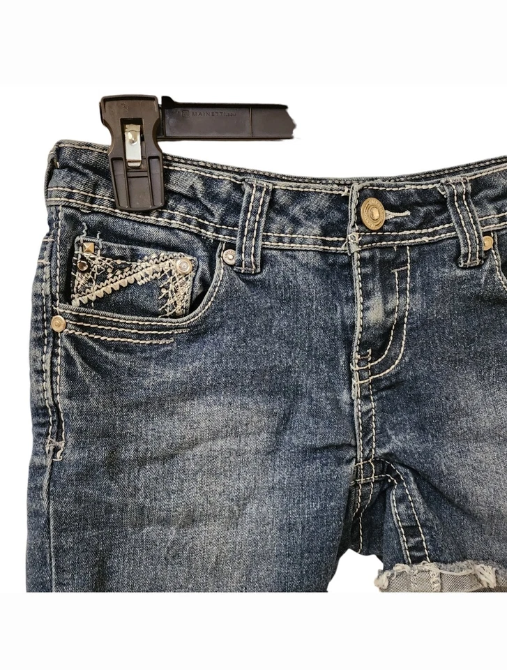 Pantalones Cortos Midi Jean Amatista Puños Talla 3 Tiro Bajo y2k Puntada Gruesa Bling Foto 2 de 4