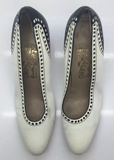 SALVATORE FERRAGAMO White/Black Leather Polka Dot Spectator Pump Heels 6.5 AA