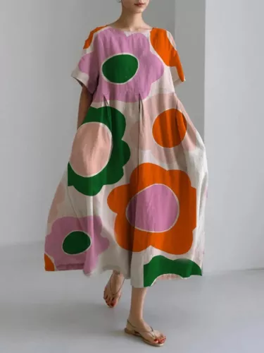Damen Retro Rundhalsausschnitt Druck Kurzarm Rock Sommer Locker Lang Maxikleid - Bild 10 von 21