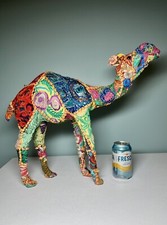 VINTAGE Large Sari Camel Statue Multicolor Patchwork fabric over paper mache 20”