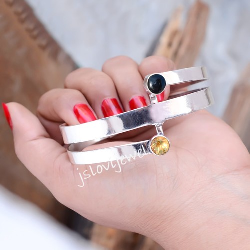 Black Onyx & Citrine Topaz Gemstone 925 Sterling Silver Shining Cuff Bangle - 第 4/5 張圖片
