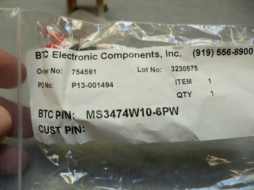 MS3474W10-6PW BTC 6 Position Circular Connector Receptacle Male pins Crimp - Picture 2 of 10