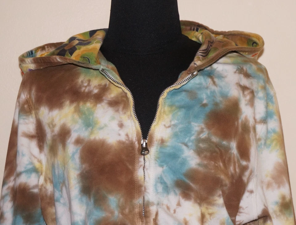 Vintage LUCKY BRAND Blue, Brown & White Tie-Dye Zip-Up Hoodie Sweatshirt LARGE - Image 2 of 4