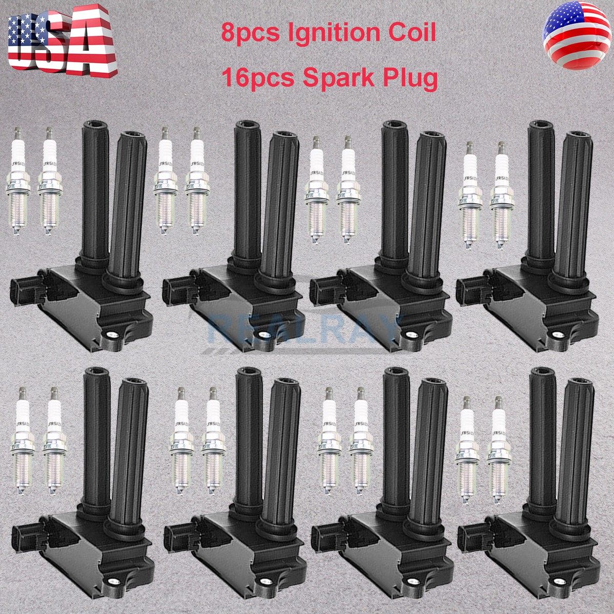 8 Ignition Coils + 8 Spark Plugs Kit - Fits Dodge Charger, Chrysler, RAM 1500, Jeep - UF504 Replacement