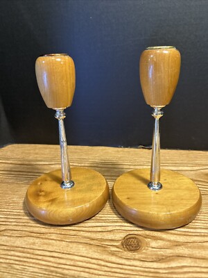 Pair MCM Oregon Myrtlewood Candlestick Candle Holders Vintage Wood. Some Wear