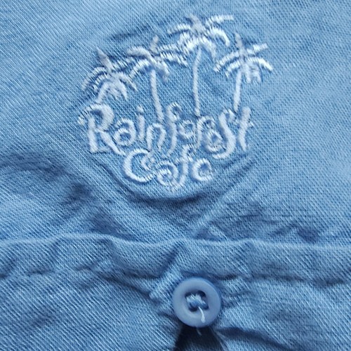 Rainforest Cafe Men Shirt XL Blue Tan Linen Rayon Bowler Rockabilly Hipster Camp - Picture 8 of 23