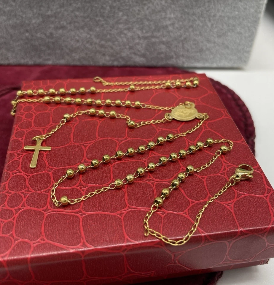 GIROCOLLO DI PERLE ROSARIO DORATO MADONNA E CROCE COLOR ORO UOMO DONNA DA REGALO - Immagine 2 di 4