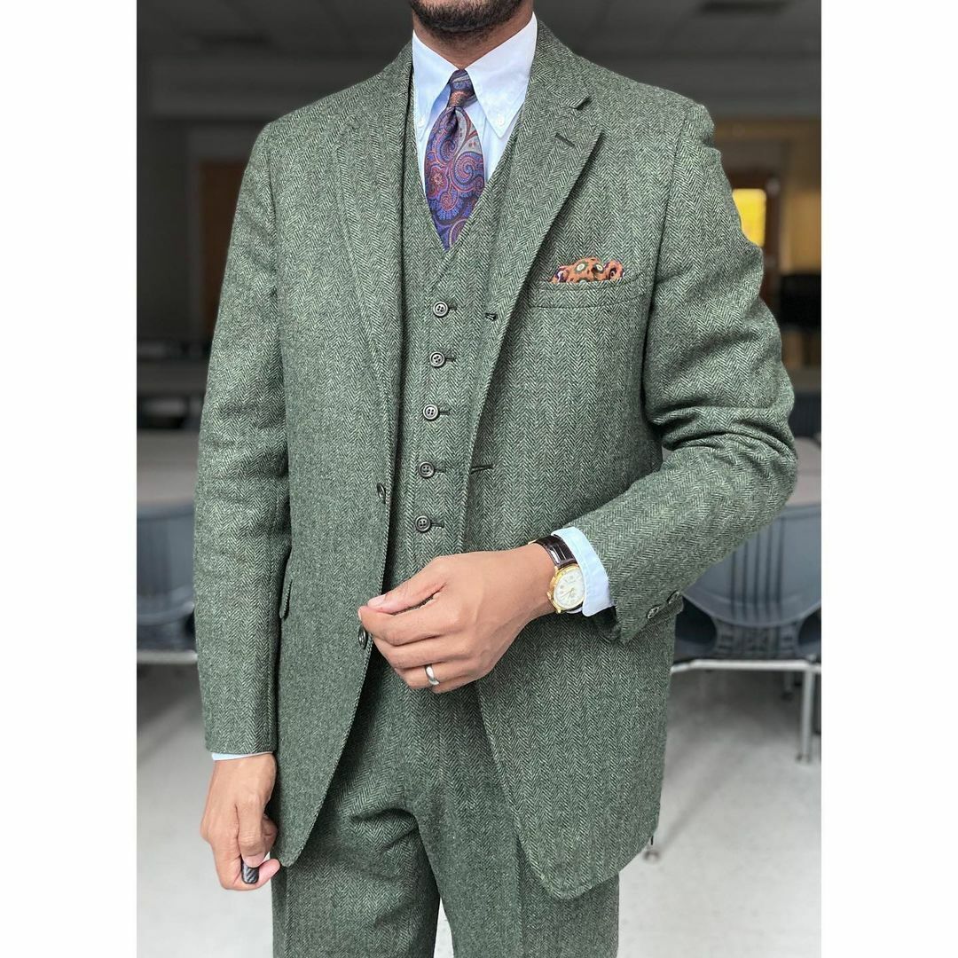 Army Green Vintage Men's Herringbone Suit Tweed 3 Pieces British Leisure  Tuxedos