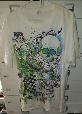 Mens Alstyle Skull and Birds Graphic T-Shirt Size Large White 100% Cotton