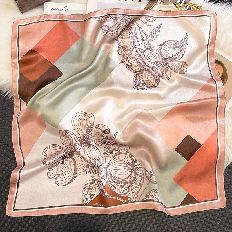 100% Silk Square Scarf Women Pink Geometric Floral Bandana Wrap 68x68cm