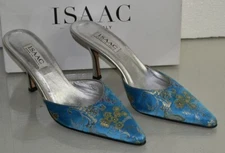 NEW Isaac ROCKY Mules Slide Brocade Satin Aqua Gold Blue Silver Shoes  9.5