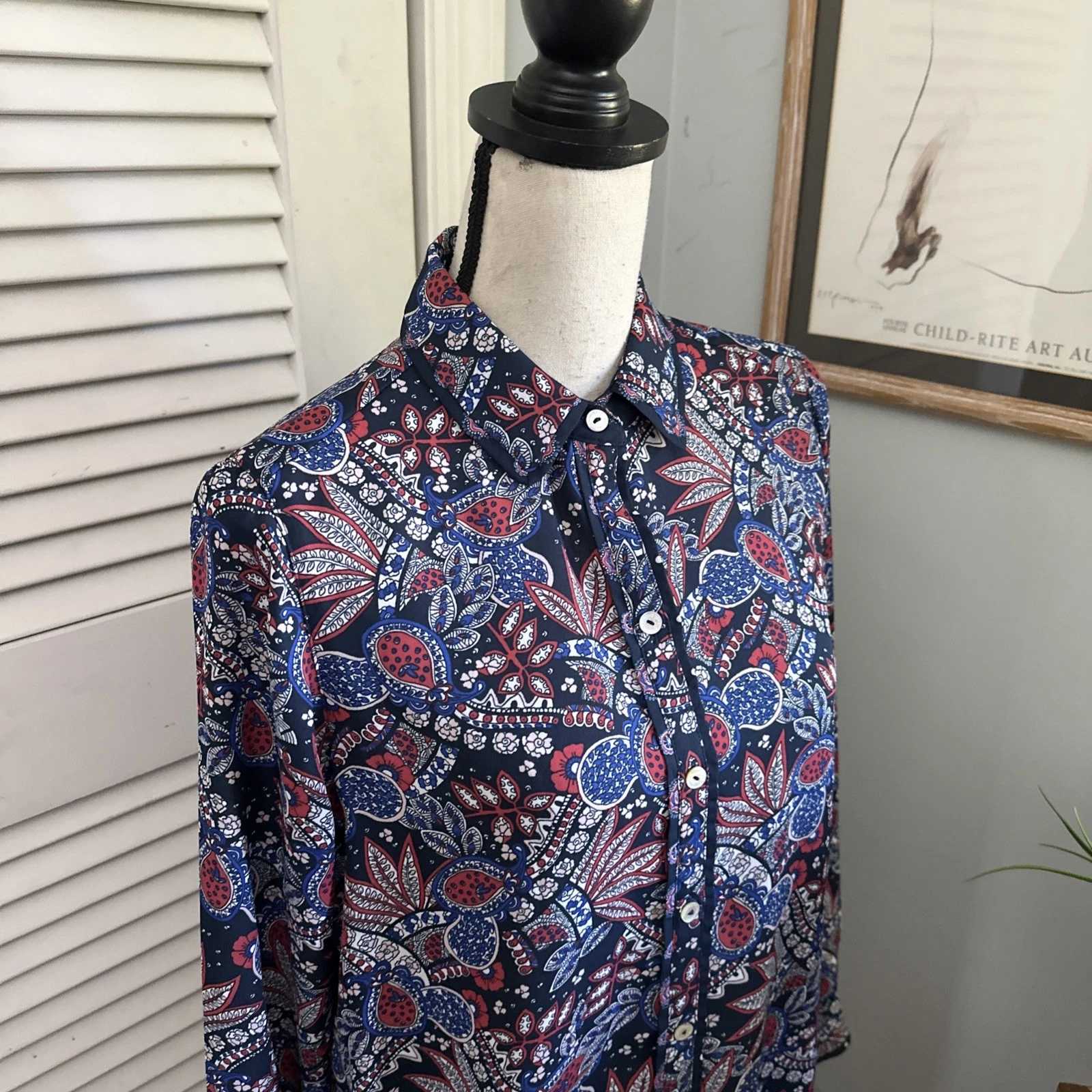 VETEMENTS Abito camicia donna Foxcroft *S M blu paisley cambio midi bohemien abbigliamento da lavoro