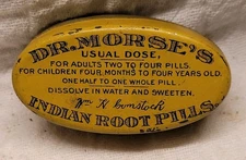 Vintage Dr. Morse's Indian Root Pill Oval Shape Yellow Empty Tin Nice Graphics 