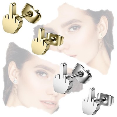 2 Paare EdelstahlOhrstecker Mittelfinger StretchOhrringe Silber Gold Punk Bik...