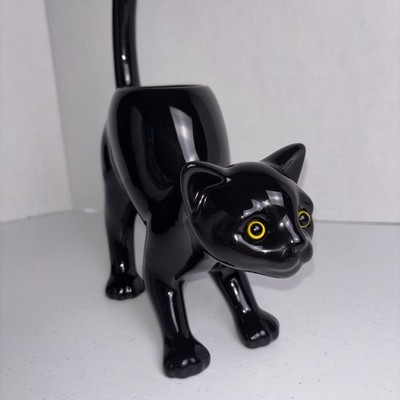PartyLite Glossy Black Cat w/Yellow Eyes Tealight Candle Holder Halloween Witchy