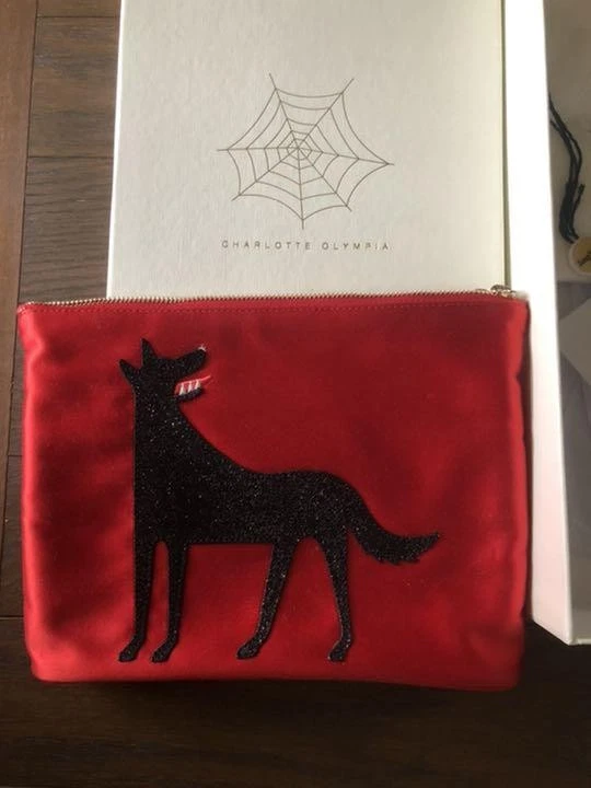 Auth Charlotte Olympia Cluch Bag Pouch pochette Wolf motif Red w/box Used - Image 2 of 4