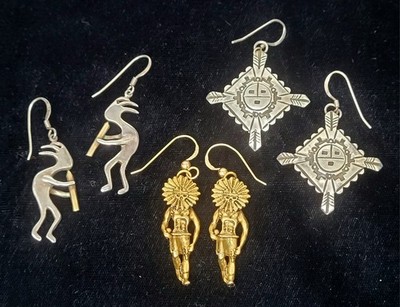 Native American Earrings Lot~Sterling Zia Sunface~Kokopelli~Gold Filled Kachina