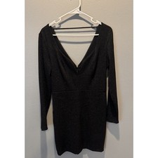 Express Black Silver Metallic Sparkle Mini V-Neck Dress Size M