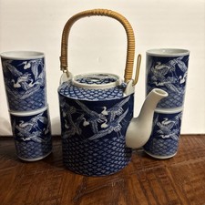 5pc Vintage Japanese Teapot Set, Blue and White Cranes Bamboo Handle 4 teacups