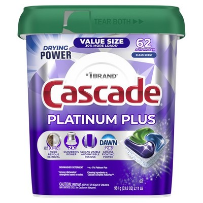 Cascade Platinum Plus Dishwasher Pods Dish Detergent Soap Clean Scent 62 Count