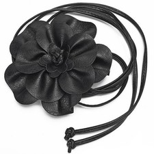 Women-Big-Flower-Decor-Belts PU-Leather-Skinny-Waist-Belt for One Size Black