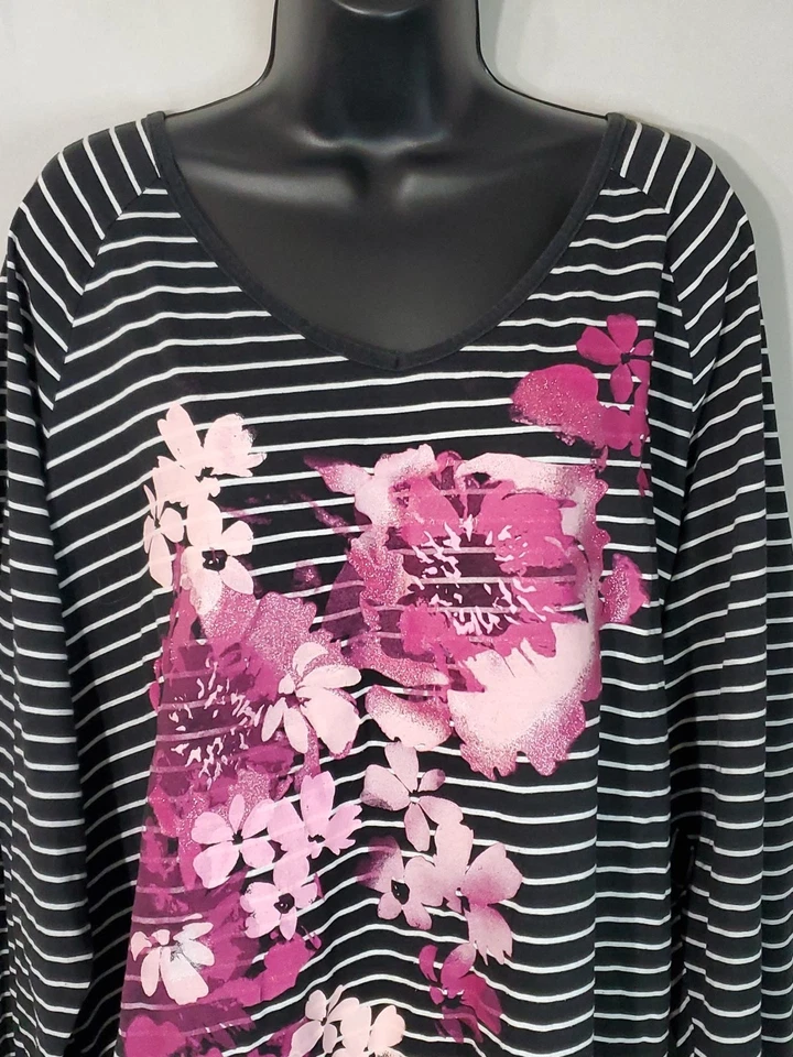 JMS by Hanes Blouse Women's Size 5X Black/White Stripe Pink Floral Glittery - Image 3 of 4