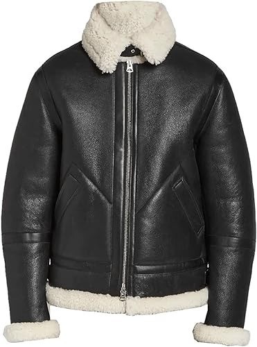 Stylish Unisex Aviator Shearling Leather Jacket with Faux Fur Trim for Winter