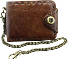 Vintage Biker Leather Bifold Snap Wallet With Chain for Mens or Boys