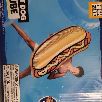 High Five Inflatable Hot Dog Pool Tube 71in x 28.3in x 6.7in Yellow Red Brown