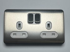 Schneider Stainless Steel double Kitchen plug socket with white int , Screwless