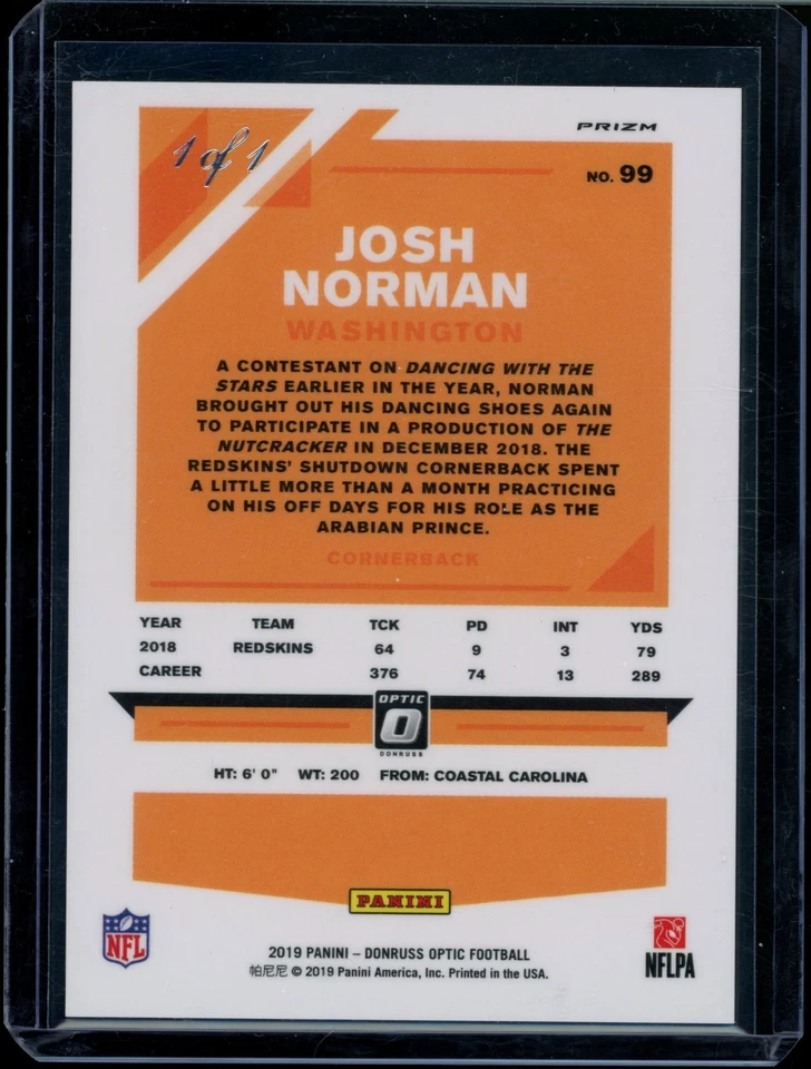 Josh Norman 2019 Donruss Optic Gold Vinyl 1/1 #99 REDSKINS COMMANDERS - Image 2 of 2