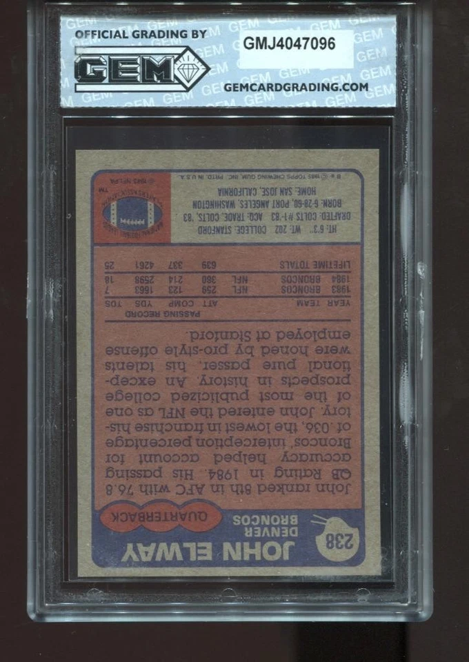 John Elway 2nd Year! 1985 Topps #238 Football HOF Denver Broncos GEM MINT 10 - Image 2 of 2
