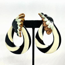 VINTAGE BETTY ASH Clip Earrings Black Cream Copper Resin Statement 80s Signed