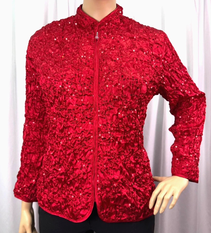 A Dressing Woman Red Sequin Evening Jacket 2X Textured Zip Front Party Top - Image 3 of 4