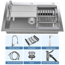 25.5" Kitchen Sink Pull Out Faucet Drop-in Stainless Steel Single Bowl Top Mount