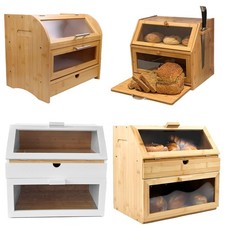 Large Bread Bins Natural Bamboo Wood 2/3 Compartment Loaf Storage Racks Kitchen