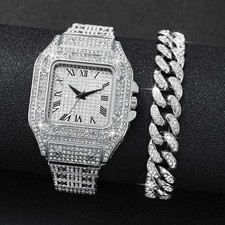 Men Square Watch Hip Hop Silver Simulated Diamond Full Iced Cuban Bracelet Gift