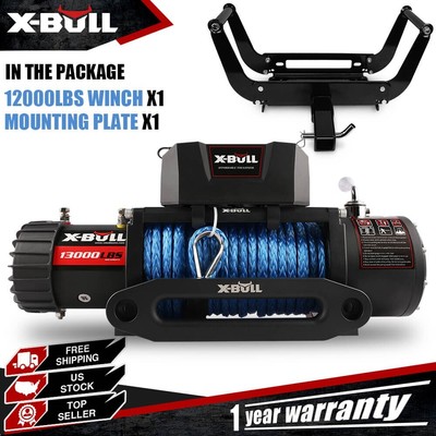 X-BULL 13000LBS Electric Winch 12V  Synthetic Rope 4WD / Winch Mounting Plate