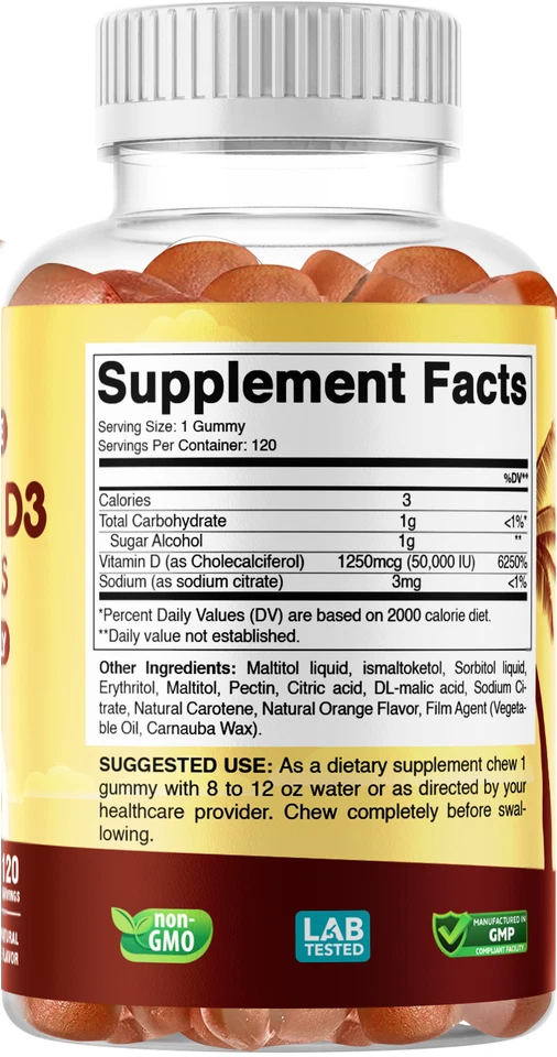 Sugar Free Vitamin D3 50,000 IU Weekly Supplement 120 Vegetable Gummies - Image 2 of 4
