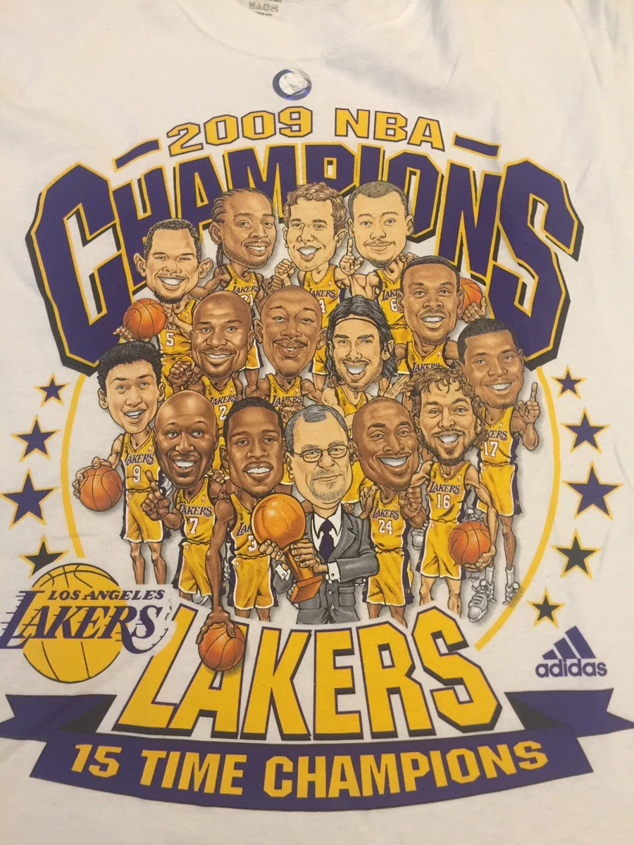 Vtg Lakers Adidas Caricature 2009 NBA Champions T Shirt White Kobe Bryant  Size M