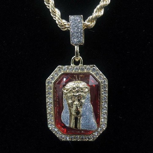 14k Gold Plated Red Ruby Jesus Pendant 