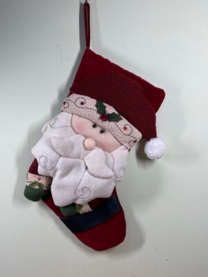 Holiday Decor Christmas Stocking 3-D Santa Clause Holly & Berries Embellished