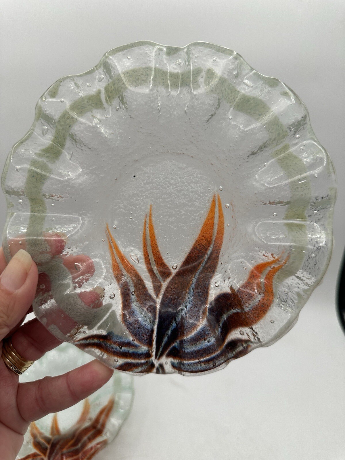 Fused Glass Plate And Bowl Set Of Four Bamboo Style Edging With Red Agave Plant 