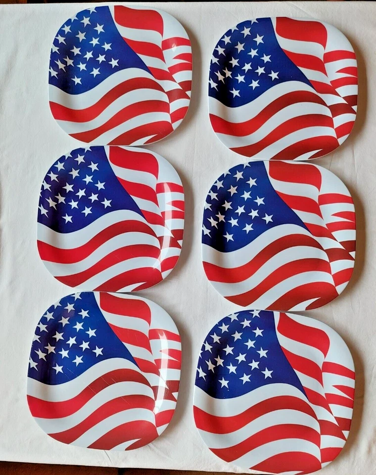 Juego de 6 platos de cena bandera americana 4 de julio 11" melamina roja, blanca y azul Foto 2 de 4