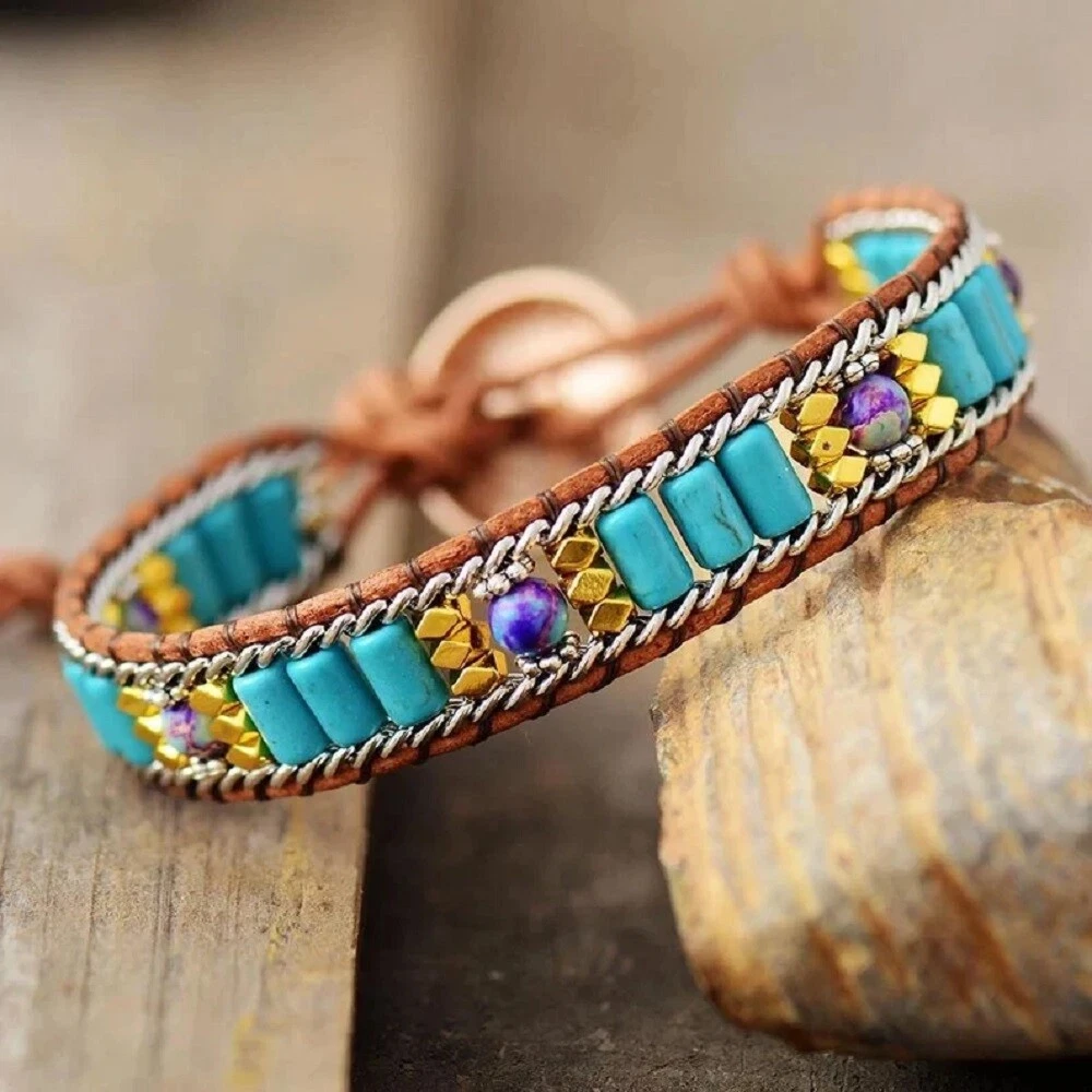 Natural Turquoise Jasper Leather Wrap Bracelet for Protection