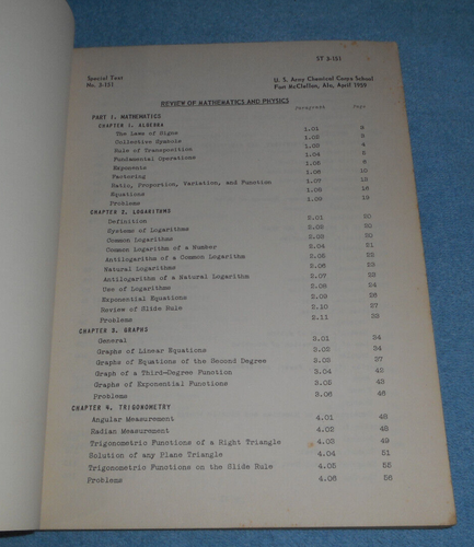1959 US Army Chemical Corps School Special Text 3-151 Mathematics Physics Review - Picture 2 of 4