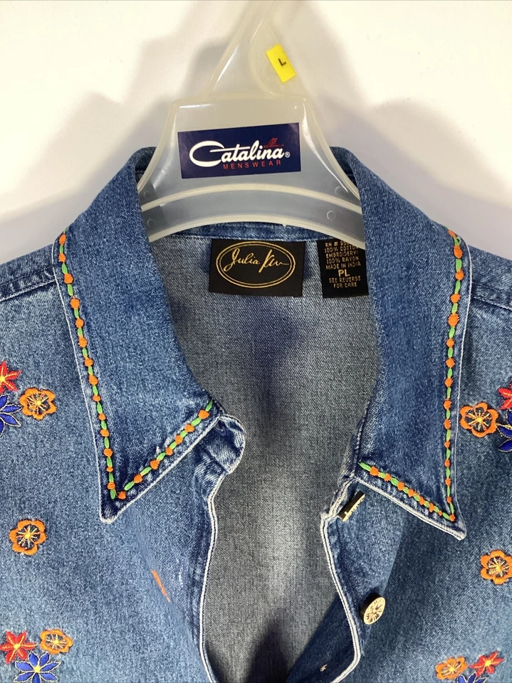 Chaqueta JULIA KIM Vintage Para Mujer Azul Denim Jean Floral Bordada Pequeña Grande Foto 2 de 4