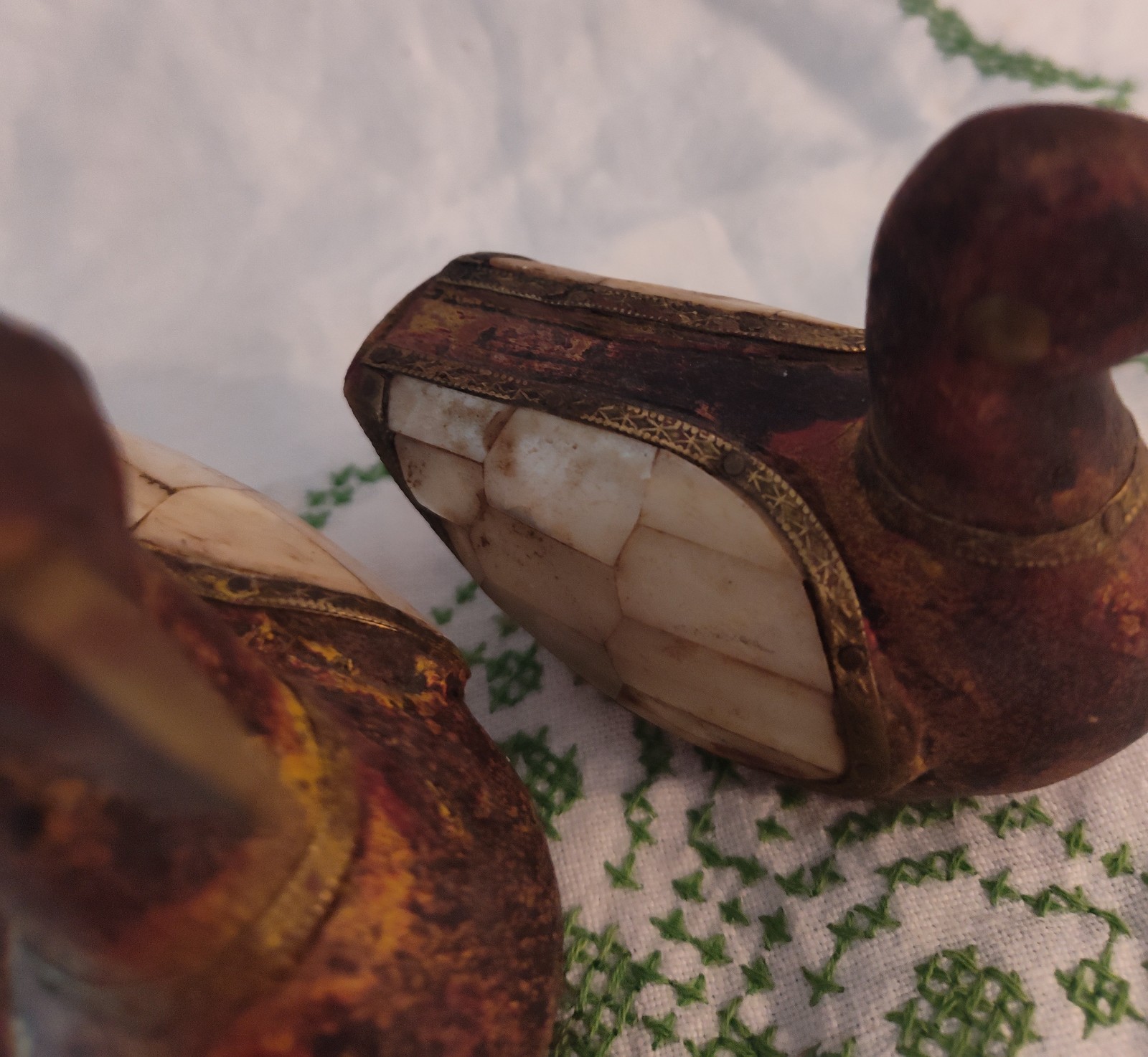 Vintage Set Of Rajasthani Duck Sculptures Mother Of Pearl Inlay & Brass Gorgeous