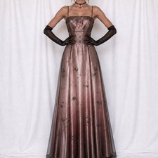 Vintage Pink Brown Floral Beaded Mesh Fit Flared Maxi Formal Prom Dress Size S/M